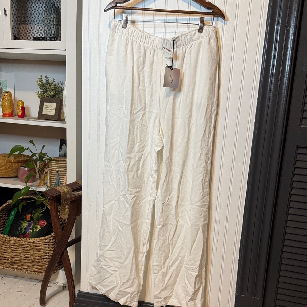 Linen Blend Happily Grey Cream Wide Leg Pants